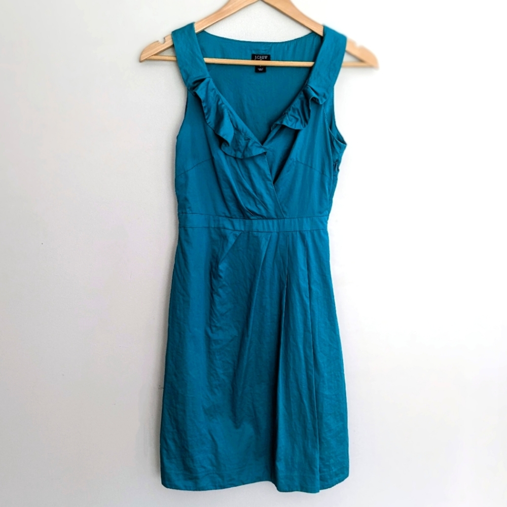 J Crew Blakely Dress, Sleeveless, Ruffle, Cyan Green, Women's Size 0
